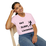 Lacrosse T-Shirt - Eat Sleep Lacrosse Design: A must for all Lacrosse players and fans to spread the popularity